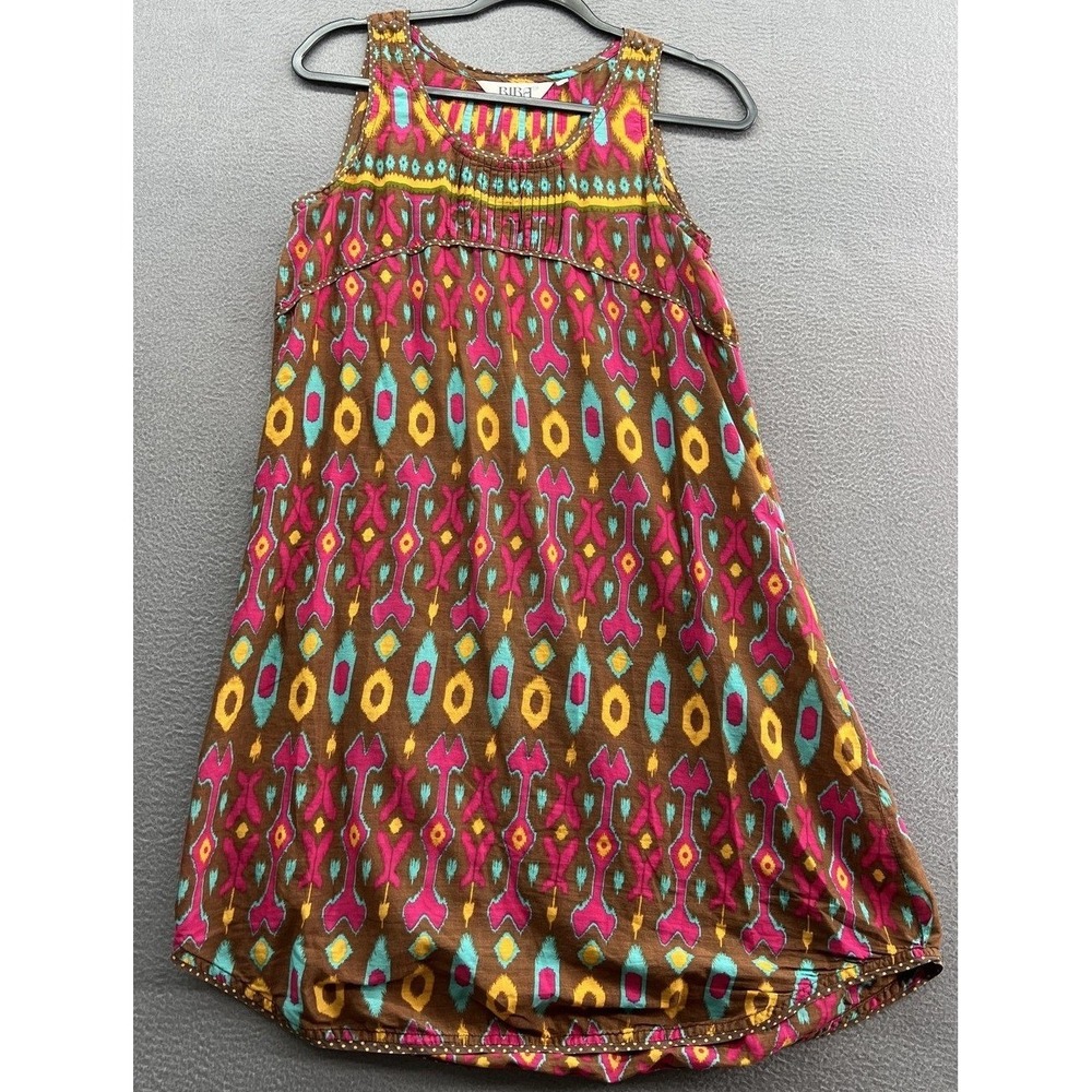 Biba Dress Womens Sz M Brown Pink Ikat Geometric Sleeveless Pintuck Shift Boho
